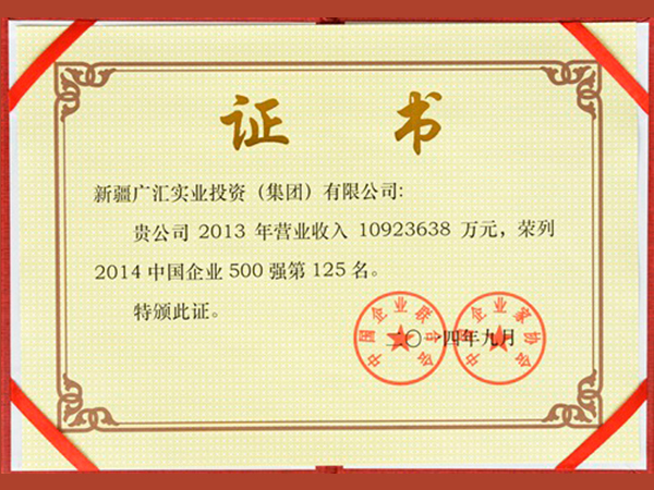 榮獲“2014年中國五百強證書”廣匯集團第125位